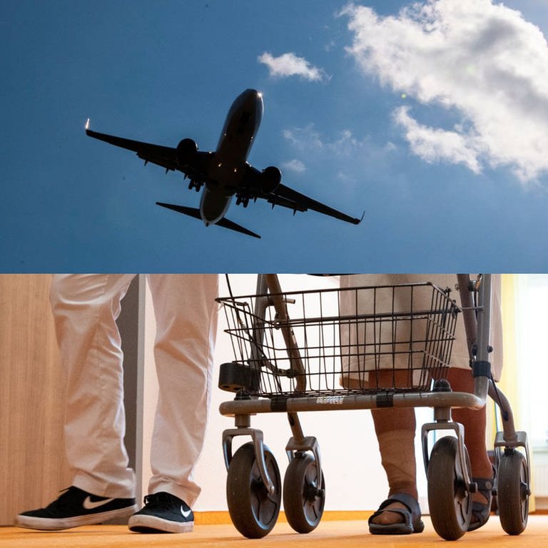 Ein Flugzeug am Himmel & Ein Pleger mit einer Frau am Rollator: Das ist neu im Mai 2024 - Ticketsteuer macht Fliegen teurer, Mindestlohn in der Altenpflege steigt