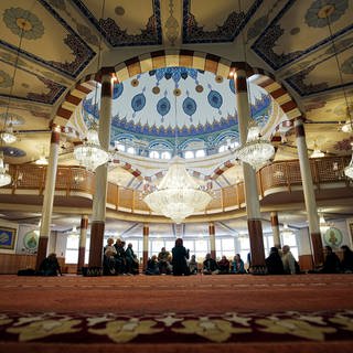 Besucher stehen am Tag der offenen Moschee während einer Führung in Mannheim in dem Gebetsraum der Yavuz-Sultan-Selim-Moschee.