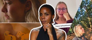 BRUST RAUS-Host Shannon zwischen vier Fotos, die Trauer auf unterschiedliche Weise darstellen und stellt sich die Frage, warum Trauer oft ganz anders aussieht als in Filmen und Serien.