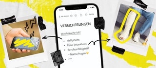 Smartphone mit Notizen zum Thema Versicherungen, daneben Plaroids mit Bildern eines gebrochenen Beins und eines zerstörten Smartphones