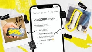 Smartphone mit Notizen zum Thema Versicherungen, daneben Plaroids mit Bildern eines gebrochenen Beins und eines zerstörten Smartphones