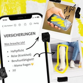 Smartphone mit Notizen zum Thema Versicherungen, daneben Plaroids mit Bildern eines gebrochenen Beins und eines zerstörten Smartphones