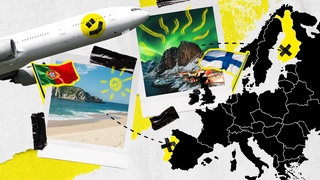 Polaroids der Azoren und Finnland, die durch Linien mit einer Europakarte verbunden sind. Außerdem ein Flugzeug mit DASDING Smiley sowie ein Flugticket über null Euro.