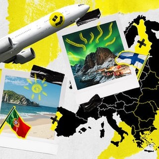 Polaroids der Azoren und Finnland, die durch Linien mit einer Europakarte verbunden sind. Außerdem ein Flugzeug mit DASDING Smiley sowie ein Flugticket über null Euro.