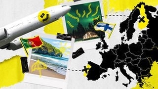 Polaroids der Azoren und Finnland, die durch Linien mit einer Europakarte verbunden sind. Außerdem ein Flugzeug mit DASDING Smiley sowie ein Flugticket über null Euro.