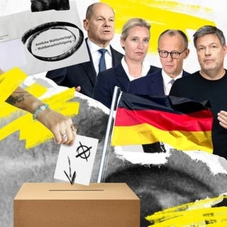 Eine Wahlurne, in die ein ausgefüllter Stimmzettel geworfen wird und ein Briefumschlag, auf dem "Amtliche Wahlunterlage - Wahlbenachrichtigung" steht. Außerdem die Kanzlerkandidaten Olaf Scholz, Alice Weidel, Friedrich Merz und Robert Habeck.