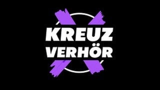 Das Logo des Formats "Kreuzverhör" zur Bundestagswahl 2025. Ein weißer Kreis auf schwarzem Hintergrund. Darauf ein violettes X und einen weißer Schriftzug "Kreuzverhör".