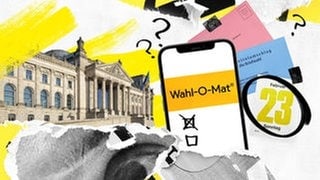 Das Bundestagsgebäude auf der linken Bildseite. Rechts ein Smartphone, das den Wahl-O-Mat anzeigt. Daneben ein Wahlbriefumschlag sowie ein Stimmzettelumschlag. Außerdem ein Kalenderblatt, welches den 23. Februar 2025 anzeigt.