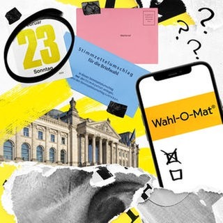 Das Bundestagsgebäude auf der linken Bildseite. Rechts ein Smartphone, das den Wahl-O-Mat anzeigt. Daneben ein Wahlbriefumschlag sowie ein Stimmzettelumschlag. Außerdem ein Kalenderblatt, welches den 23. Februar 2025 anzeigt.