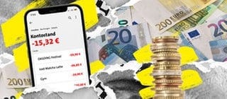 Ein Smartphone mit einer Banking-App, die einen Kontostand im Minus anzeigt. Daneben Münzen und Euroscheine.