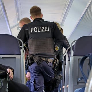 Polizisten der Bundespolizei laufen durch einen Regionalzug der Deutschen Bahn.