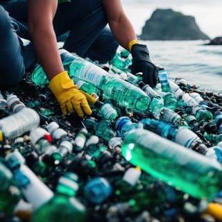 Person mit Handschuhen sammelt Müll am Strand ein