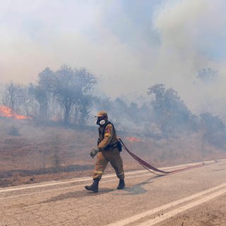 Ein Feuerwehrmann zieht einen Wasserschlauch bei Löscharbeiten während der Waldbrände in Griechenland. Dort wird jetzt wegen Brandstiftung ermittelt.