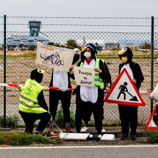 Klimaaktivisten in Pinguinkostümen als Pinguin verkleidet wollen Privatjets auf Sylt am Abflug hindern