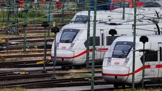 ICE-Züge der Deutschen Bahn (DB) stehen im Betriebswerk Stellingen auf den Gleisen.