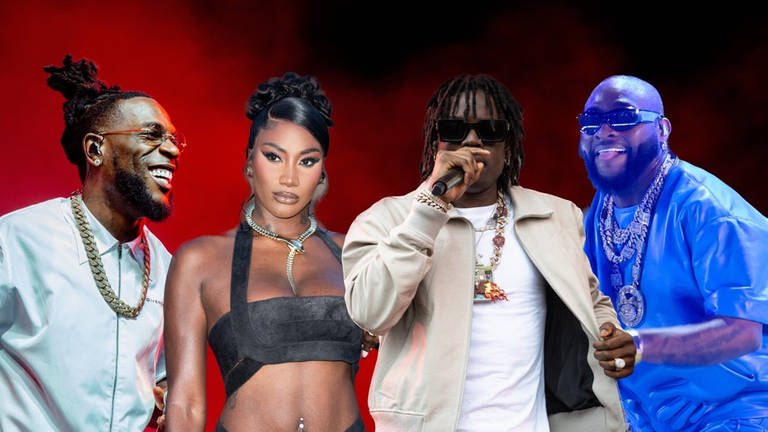 Collage. Von links nach rechts: Burna Boy, Aya Nakamura, Rema & Davido.