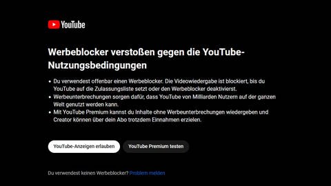 Ein Warnhinweis von YouTube: User werden aufgefordert, Adblocker abzuschalten