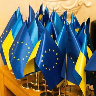 Kleine ukrainische und europäische Flaggen sind auf einem Tisch zu sehen
