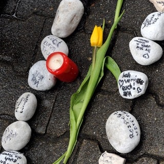 ARCHIV - Beschriftete Gedenksteine, Blumen und eine Kerze liegen am 11.03.2010 bei einer Gedenkfeier für den Amoklauf in Winnenden vor der Albertville Realschule in Winnenden