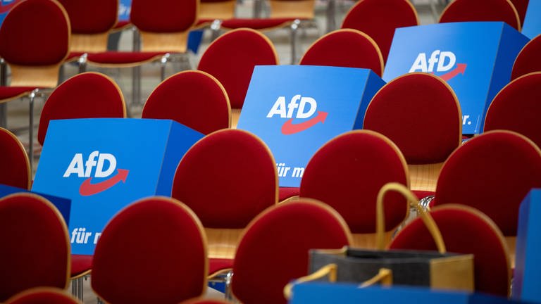 Pappaufsteller mit dem Logo der AfD liegen vor Beginn des Landesparteitags der AfD Brandenburg auf den Stühlen in der Wiesenhalle.