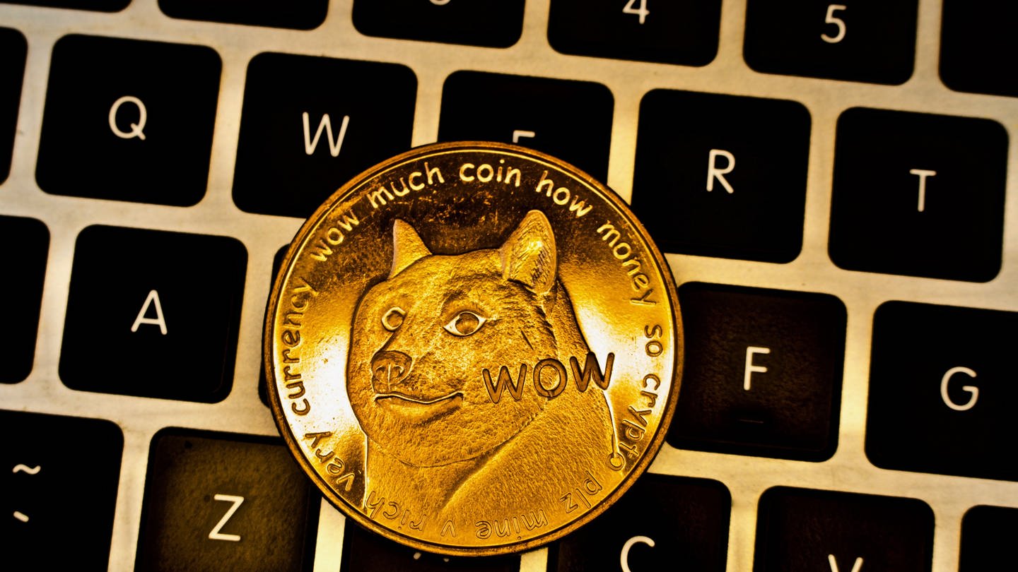 Der Hund Kabosu auf einer Münze, die den Dogecoin symbolisieren soll.
