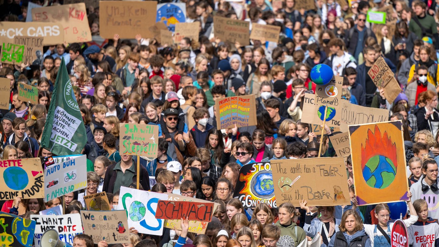 Menschen beim Klimastreik mit Plakaten und Schildern mit Forderungen an die Politik - Mit dem neusten Klimastreik will FFF will vor allem junge Leute informieren und motivieren, bei der Europawahl am 9. Juni mitzumachen.