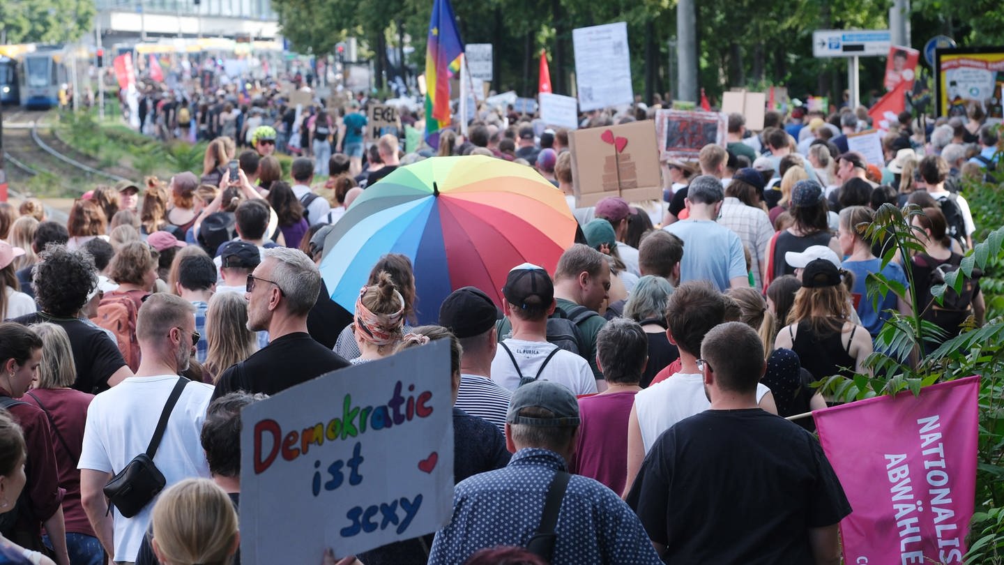 Teilnehmer einer Demonstration mit dem Motto „Hand in Hand für Demokratie und Menschenrechte“ gehen eine Straße entlang. Mehrere tausend Menschen demonstrierten vor der Europawahl gegen antidemokratische Kräfte.