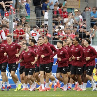 Die Schweizer Spieler wärmen sich während einer Trainingseinheit vor der EM 2024 im «Stadion auf der Waldau» in Stuttgart auf. Aber: Es gibt Kritik am Rasen. 