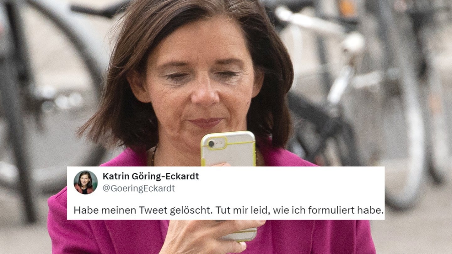 COLLAGE: Katrin Göring-Eckardt, Fraktionsvorsitzende von Bündnis 90/Die Grünen im Bundestag, kommt mit ihrem Mobiltelefon in der Hand zur Sitzung des Bundestages über den Haushalt. Daneben ein Tweet vom 19. Juni 2024.