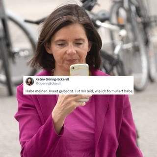 COLLAGE: Katrin Göring-Eckardt, Fraktionsvorsitzende von Bündnis 90Die Grünen im Bundestag, kommt mit ihrem Mobiltelefon in der Hand zur Sitzung des Bundestages über den Haushalt. Daneben ein Tweet vom 19. Juni 2024.