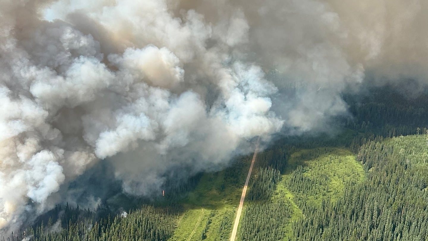 Ein Luftbild zeigt den Rauch von Waldbränden, der Anfang dieser Woche über dem Jasper-Nationalpark aufsteigt. Extreme Hitze und Trockenheit haben in der gesamten Provinz zu zahlreichen neuen Waldbränden geführt.