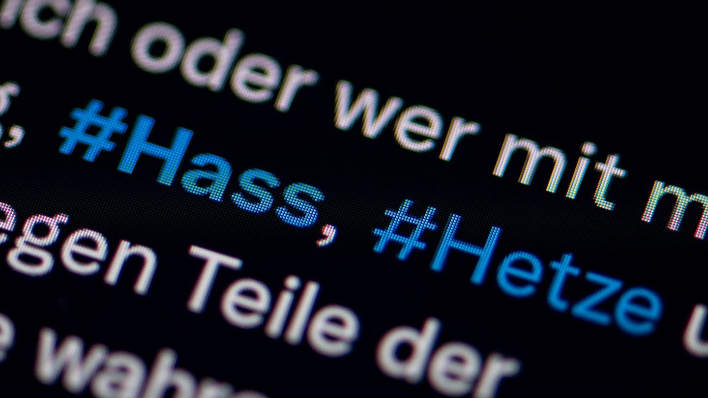 Auf dem Bildschirm eines Smartphones sieht man die Hashtags Hass und Hetze in einem Twitter-Post.