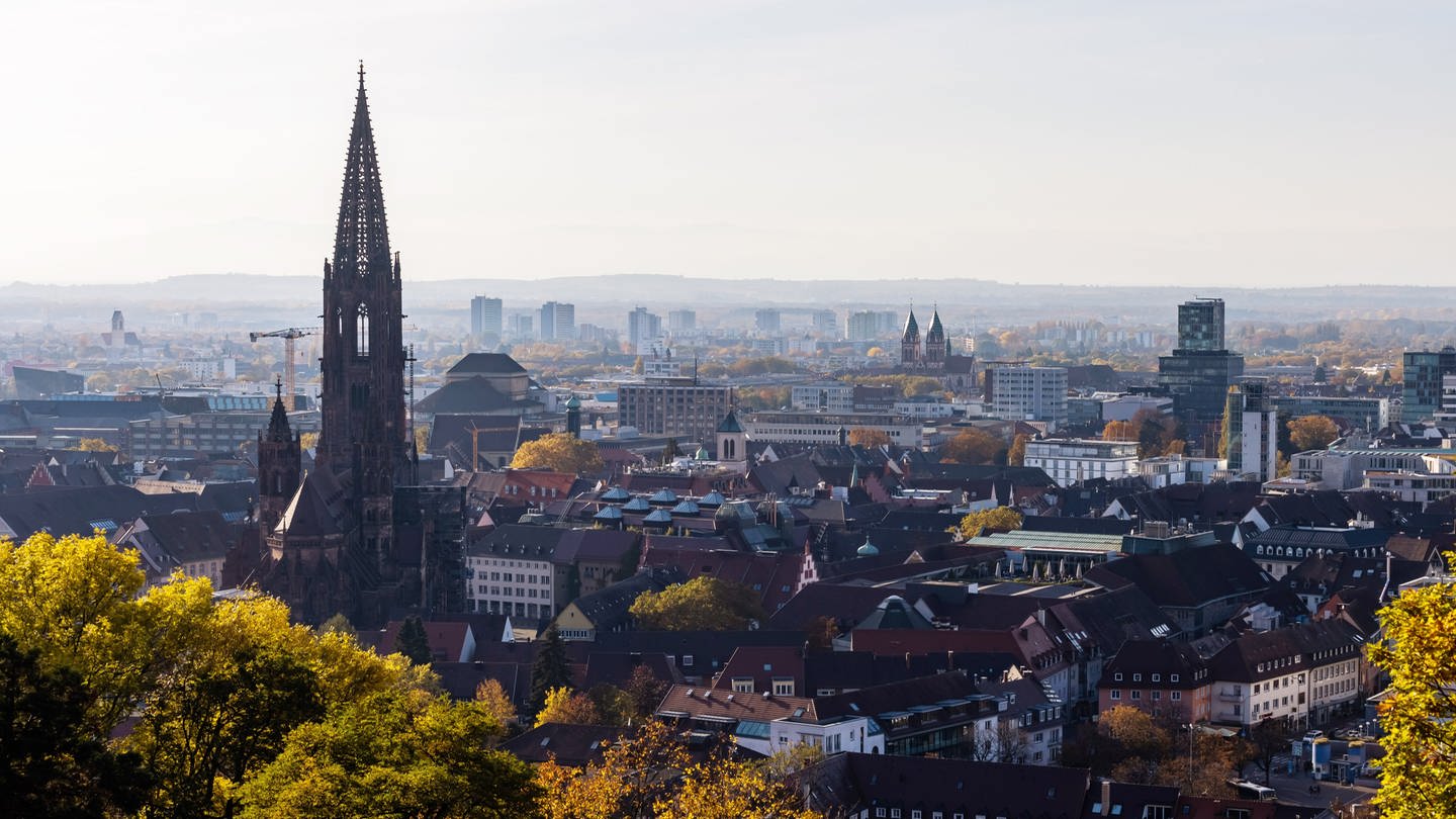 Freiburg: Der Turm des Freiburger Münsters ragt über die Dächer der Innenstadt hinaus, während im Hintergrund Hochhäuser im Stadtteil Weingarten und die Rheinebene zu sehen sind.