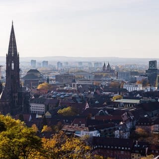 Freiburg: Der Turm des Freiburger Münsters ragt über die Dächer der Innenstadt hinaus, während im Hintergrund Hochhäuser im Stadtteil Weingarten und die Rheinebene zu sehen sind. 