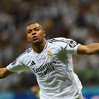 Fußball: UEFA-Super Cup, Real Madrid - Atalanta Bergamo: Kylian Mbappe von Real Madrid jubelt nach seinem Treffer zum 2:0.