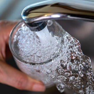 Trinkwasser läuft aus dem Wasserhahn einer Küche in ein Glas. 