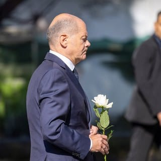 Bundeskanzler Olaf Scholz (SPD) legt eine Blume an einer Kirche in der Nähe des Tatorts ab. Bei einer Messerattacke auf der 650-Jahr-Feier der Stadt Solingen am 23. August hatte es drei Todesopfer und Verletzte gegeben.