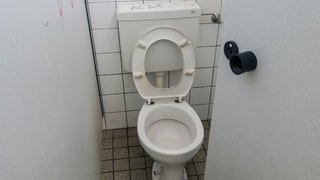 Ein Schulklo mit hochgeklappter Toilettenbrille und Graffiti an der Wand.