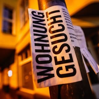 Ein an einem Straßenschild angebrachter Zettel mit der Aufschrift "Wohnung gesucht"