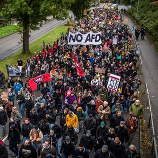 Unter dem Motto «Klare Kante gegen rechts» beteiligen sich zahlreiche Menschen an einer Demo gegen die AfD und ziehen zur Aufstellungsversammlung für die Liste der AfD Baden-Württemberg zur Bundestagswahl, die auf dem Messegelände von Ulm stattfindet.