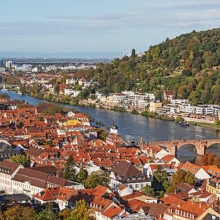 Blick über die Altstadt von Heidelberg mit der Alten Brücke. Auf der rechten Seite des Neckars der Stadtteil Neuenheim, mit dem Hang des Heiligenbergs.