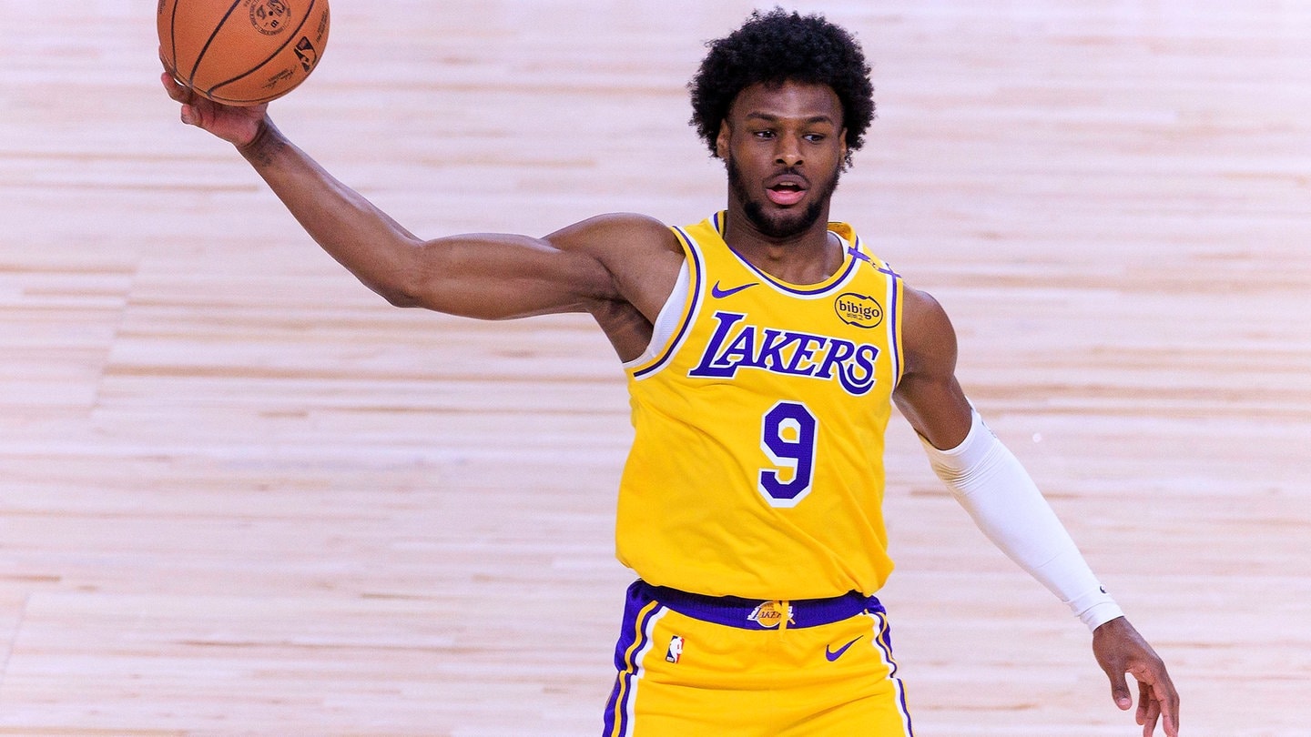 Bronny James 9 of the Los Angeles Lakers looks to pass during their preseason NBA.