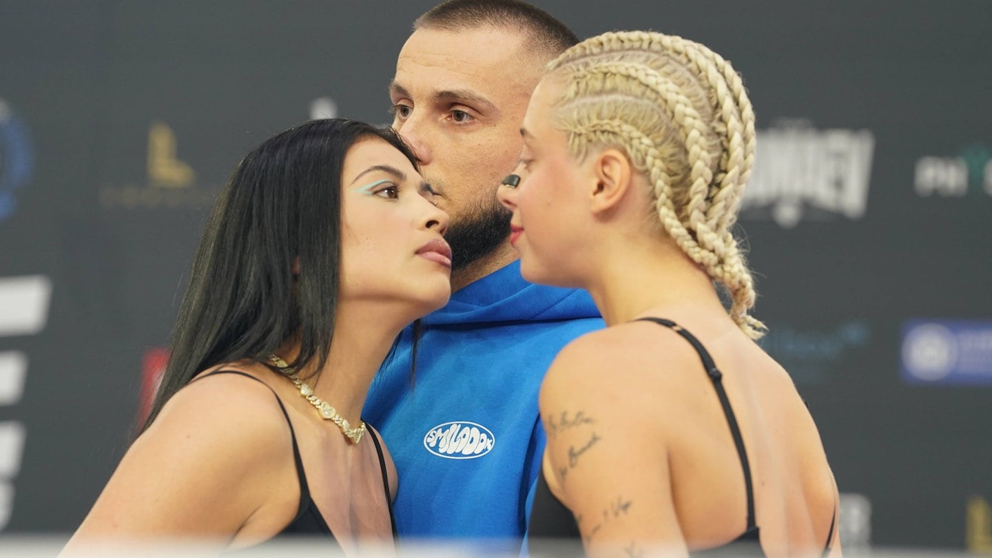 Walentina Doronina & Hati Suarez bei der Pressekonferenz von Fame Fighting 2: Schon vor dem Boxkampf gabs ne Kopfnuss für Walentina.