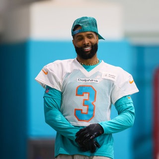 Miami Dolphins wide receiver Odell Beckham Jr. looks on during mandatory minicamp at Baptist Health Training Complex.