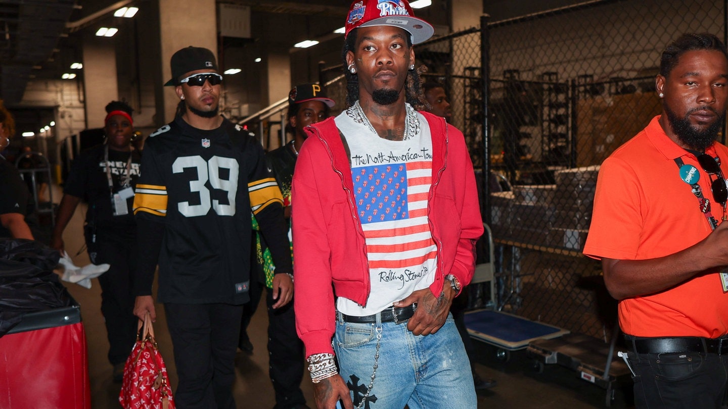 Rapper and entertainer Offset before a game between the Atlanta Falcons and Kansas City Chiefs at Mercedes-Benz Stadium.