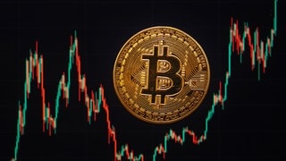 Eine Bitcoin-Münze liegt auf einem Bildschirm, der den Bitcoin - US-Dollar Kurs zeigt. (zu: "Bitcoin knackt zum ersten Mal die Marke von 100.000 US-Dollar!")