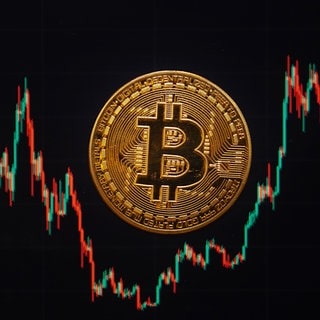 Eine Bitcoin-Münze liegt auf einem Bildschirm, der den Bitcoin - US-Dollar Kurs zeigt. (zu: "Bitcoin knackt zum ersten Mal die Marke von 100.000 US-Dollar!")