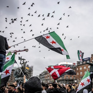 Syrerinnen und Syrer schwenken die syrische Flagge auf einem Rathausplatz.