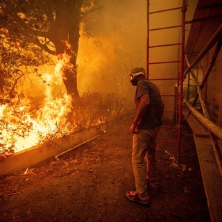 Will Adams beobachtet, wie sich die Flammen des Palisades-Feuers seinem Grundstück im Stadtteil Pacific Palisades von Los Angeles nähern.