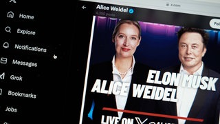 Screenshot: Elon Musk und die AfD-Vorsitzende Alice Weidel treffen sich virtuell zu einem Dialog und sprechen gemeinsam auf der Plattform X.